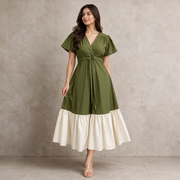 Olive_Green_Cotton_Flex_Flutter_Sleeve_Flared_Midi_Dress_For_Women