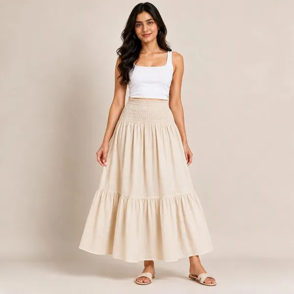 Beige_Cotton_Flex_Smocked_Tiered_Maxi_Skirt_For_Women