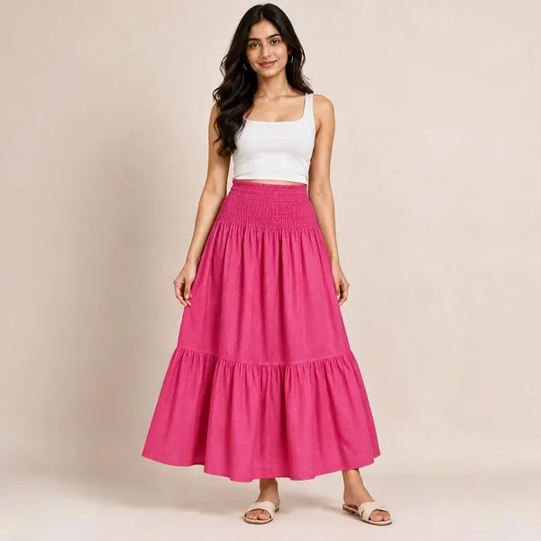 Pink_Cotton_Flex_Smocked_Tiered_Maxi_Skirt_For_Women
