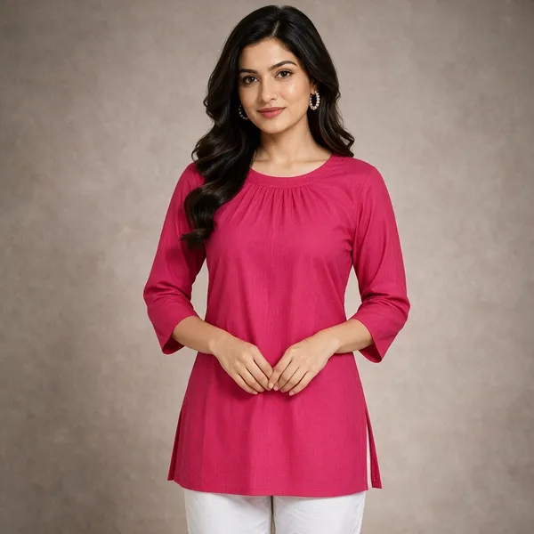 Pink_Cotton_Flex_Gathered_Round_Neck_3/4_Sleeve_Kurta_For_Women