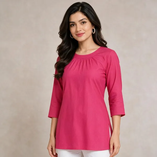 Pink_Cotton_Flex_Gathered_Round_Neck_3/4_Sleeve_Kurta_For_Women