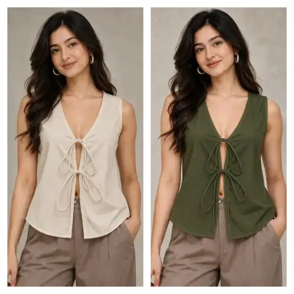 Beige_And_Olive_Cotton_Flex_Sleeveless_Tie_Front_Top_For_Women_Pack_Of_2