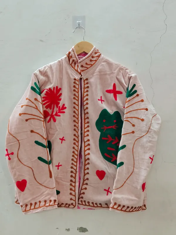 Pink_Velvet_Floral_Embroidered_Zip_Front_Jacket_For_Women