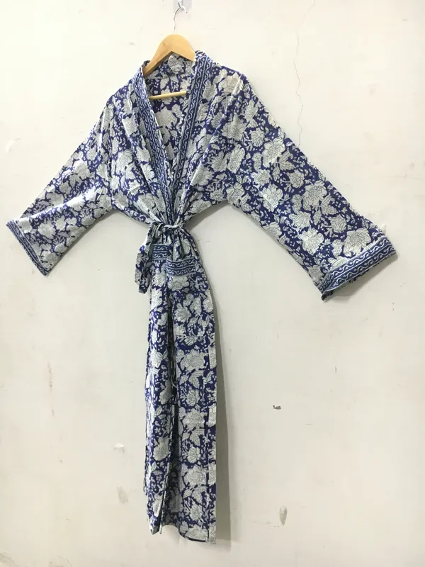 Blue_Cotton_Floral_Print_Open_Front_Kimono_Robe_For_Women