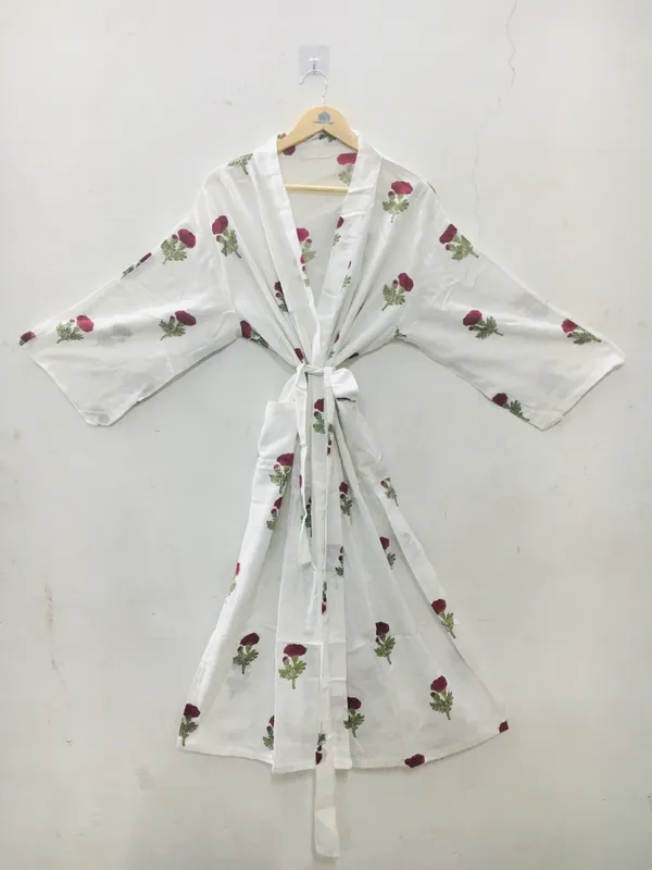 White_Cotton_Floral_Print_Tie_Waist_Kimono_Robe_For_Women