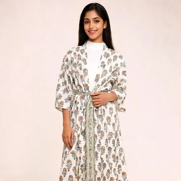 White_Cotton_Floral_Print_Tie_Waist_Kimono_Robe_For_Women