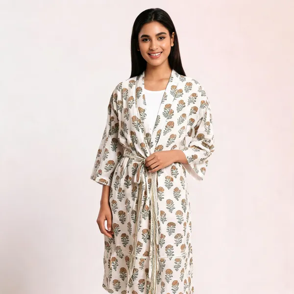 White_Cotton_Floral_Print_Tie_Waist_Kimono_Robe_For_Women