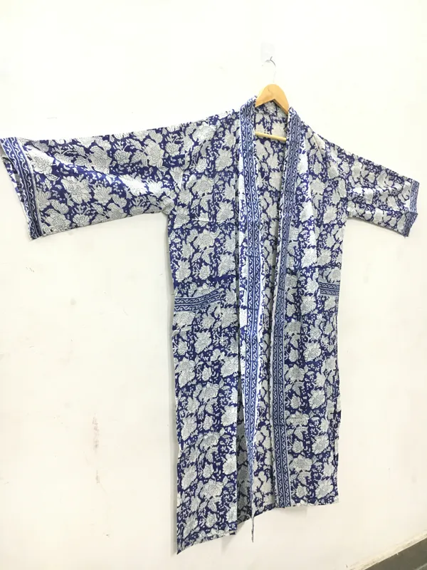 Blue_Cotton_Floral_Print_Open_Front_Kimono_Robe_For_Women