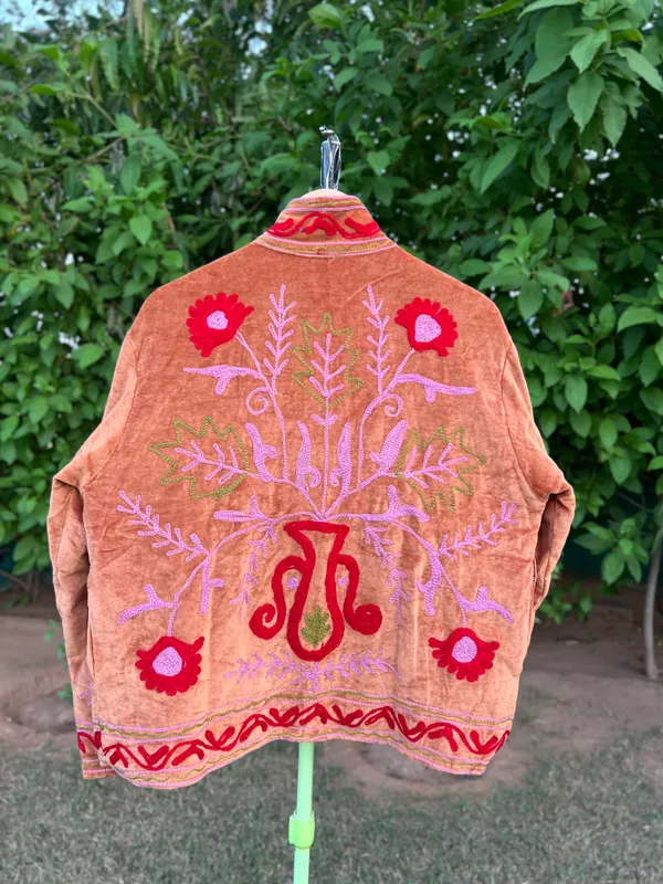Rust_Velvet_Floral_Embroidered_Bandhgala_Jacket_For_Women