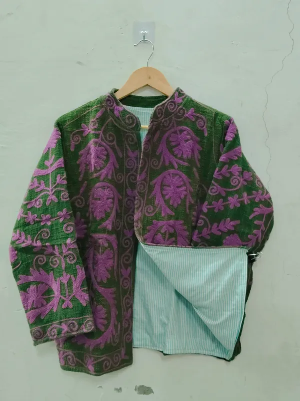 Green_Floral_Embroidered_Open_Front_Jacket_For_Women
