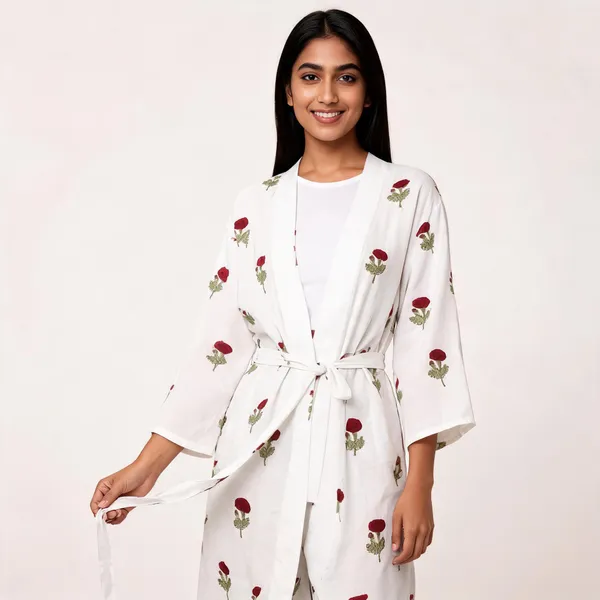 White_Cotton_Floral_Print_Tie_Waist_Kimono_Robe_For_Women