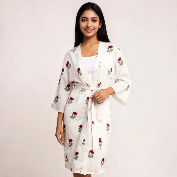 White_Cotton_Floral_Print_Tie_Waist_Kimono_Robe_For_Women