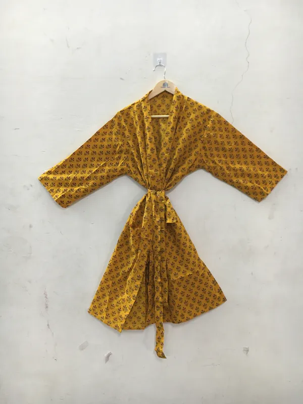 Mustard_Cotton_Floral_Print_Tie_Waist_Kimono_Robe_For_Women