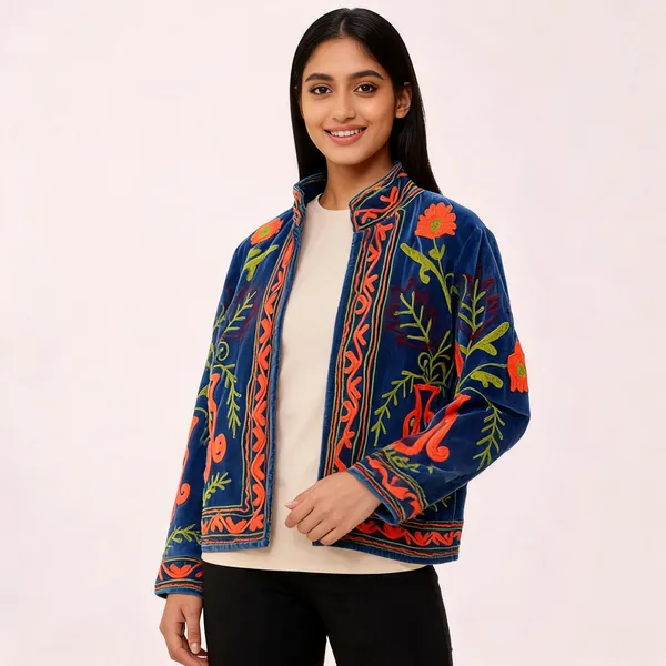 Blue_Velvet_Floral_Embroidered_Stand_Collar_Jacket_For_Women