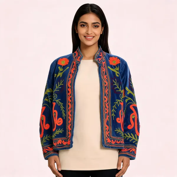 Blue_Velvet_Floral_Embroidered_Stand_Collar_Jacket_For_Women