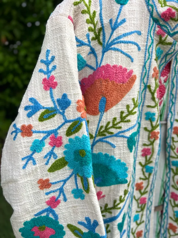White_Floral_Embroidered_Open_Front_Jacket_For_Women