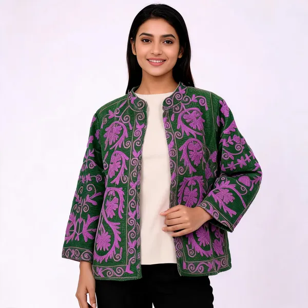 Green_Floral_Embroidered_Open_Front_Jacket_For_Women