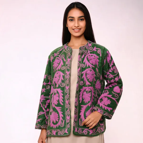 Green_Floral_Embroidered_Open_Front_Jacket_For_Women