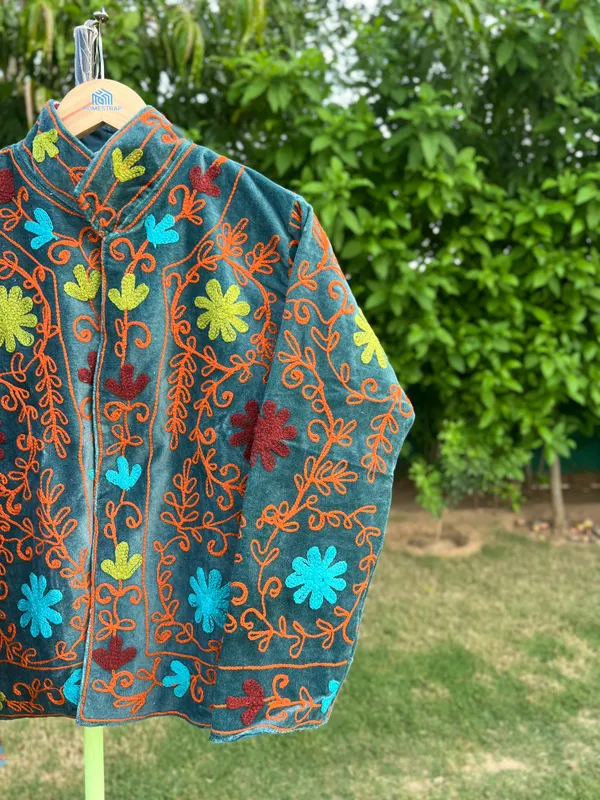 Teal_Velvet_Floral_Embroidered_Full_Sleeve_Jacket_For_Women