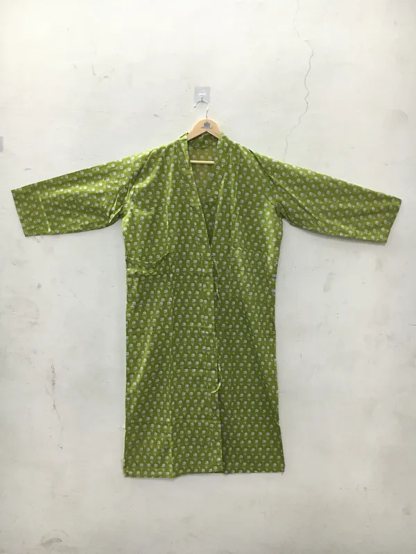 Green_Cotton_Floral_Print_Straight_Kimono_Robe_For_Women