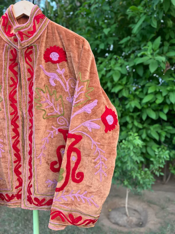 Rust_Velvet_Floral_Embroidered_Bandhgala_Jacket_For_Women