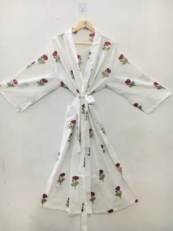 White_Cotton_Floral_Print_Tie_Waist_Kimono_Robe_For_Women