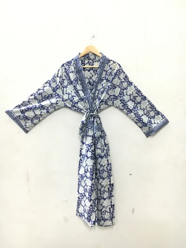 Blue_Cotton_Floral_Print_Open_Front_Kimono_Robe_For_Women