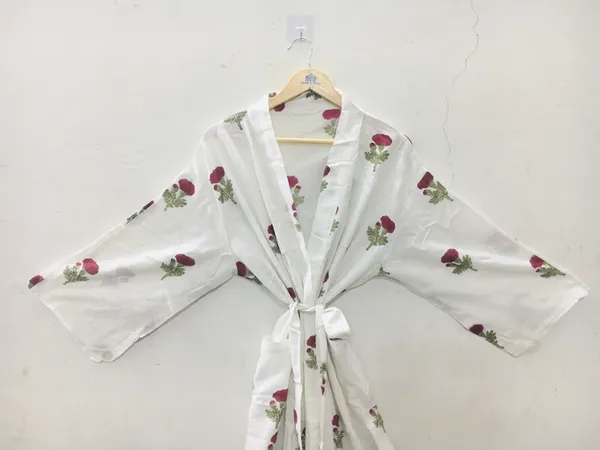 White_Cotton_Floral_Print_Tie_Waist_Kimono_Robe_For_Women