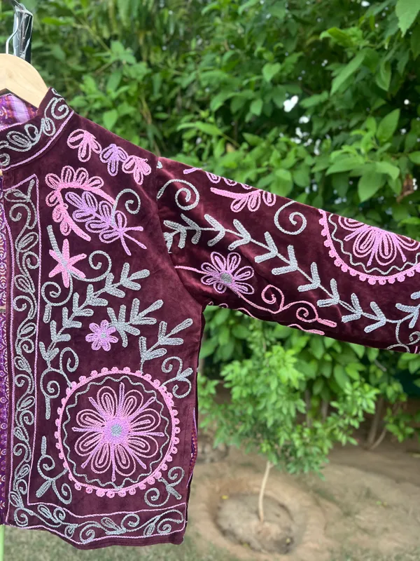 Maroon_Velvet_Embroidered_Jacket_For_Women