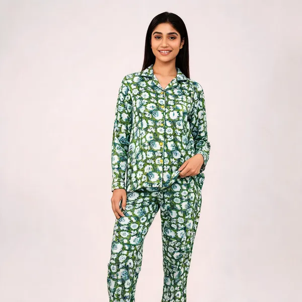 Green_Cotton_Floral_Print_Regular_Fit_Night_Suit_For_Women