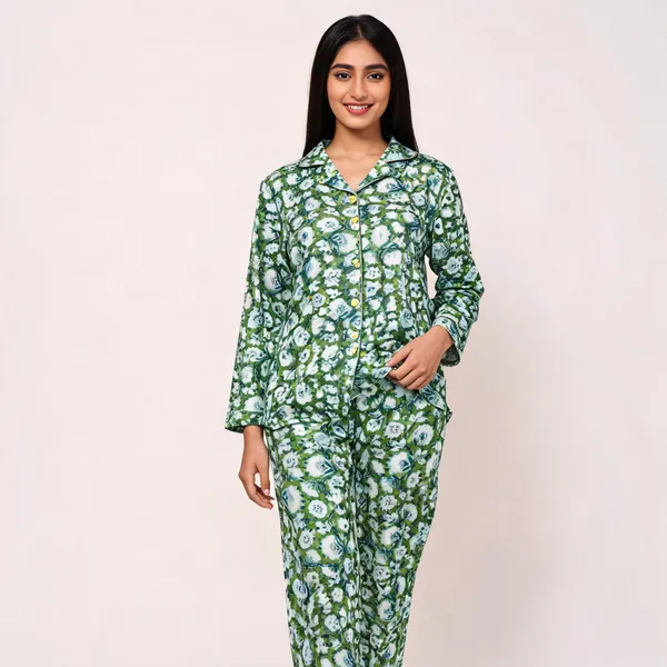 Green_Cotton_Floral_Print_Regular_Fit_Night_Suit_For_Women