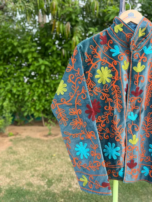 Teal_Velvet_Floral_Embroidered_Full_Sleeve_Jacket_For_Women