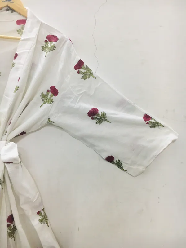 White_Cotton_Floral_Print_Tie_Waist_Kimono_Robe_For_Women