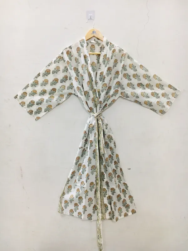 White_Cotton_Botanical_Print_Tie_Waist_Kimono_Robe_For_Women