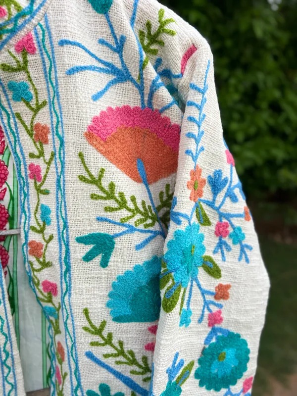 White_Floral_Embroidered_Open_Front_Jacket_For_Women