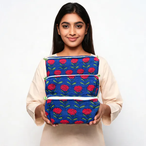Blue_Cotton_Floral_Print_Zipper_Makeup_Pouch_Set_For_Women