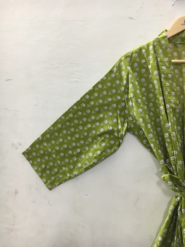 Green_Cotton_Floral_Print_Straight_Kimono_Robe_For_Women