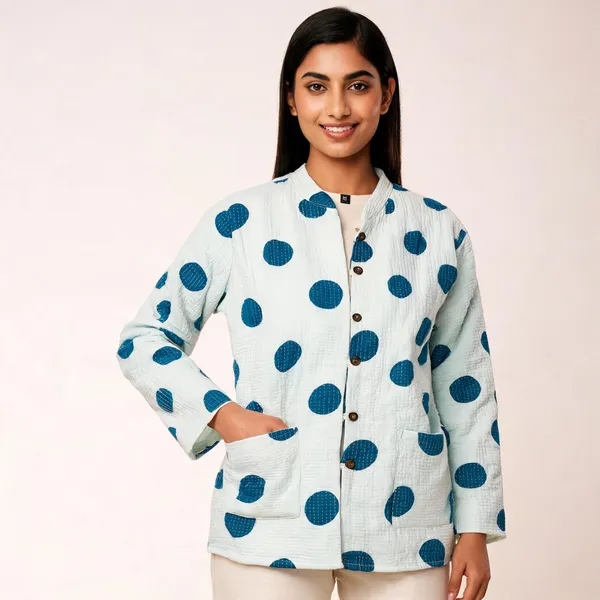 White_Cotton_Polka_Dot_Mandarin_Collar_Shirt_For_Women