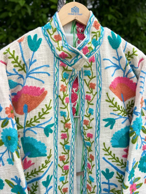 White_Floral_Embroidered_Open_Front_Jacket_For_Women