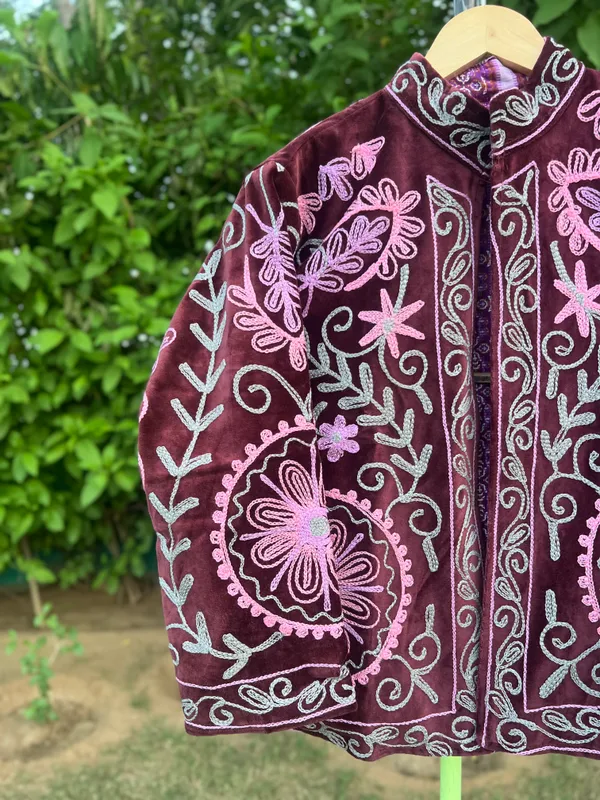 Maroon_Velvet_Embroidered_Jacket_For_Women