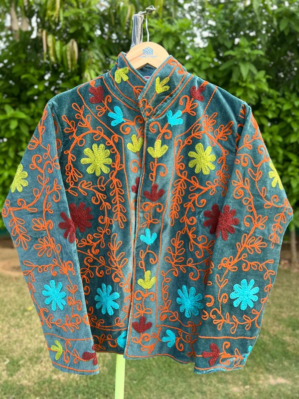 Teal_Velvet_Floral_Embroidered_Full_Sleeve_Jacket_For_Women