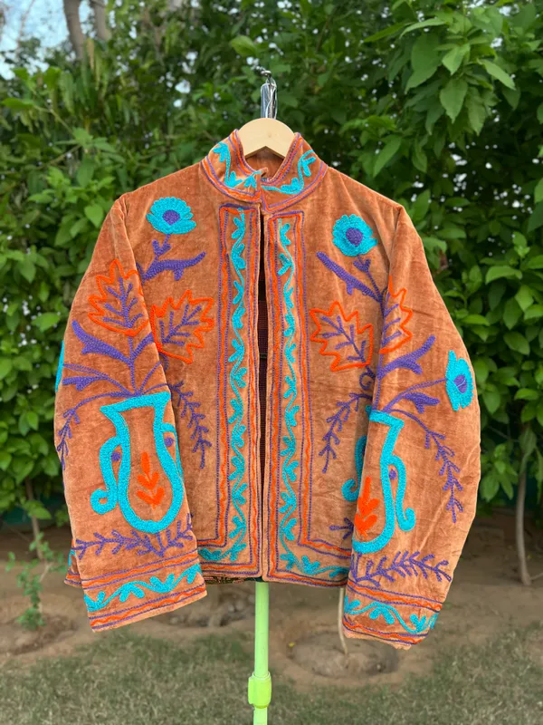 Orange_Velvet_Embroidered_Jacket_For_Women