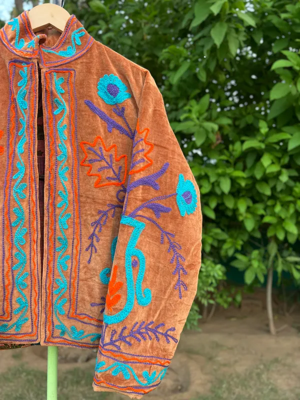 Orange_Velvet_Embroidered_Jacket_For_Women