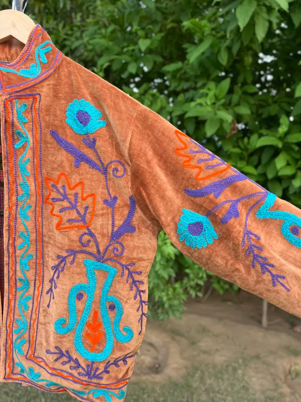 Orange_Velvet_Embroidered_Jacket_For_Women