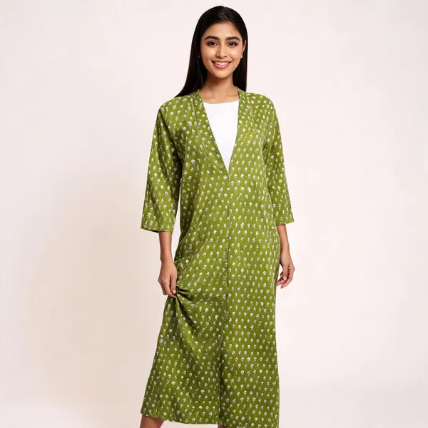Green_Cotton_Floral_Print_Straight_Kimono_Robe_For_Women