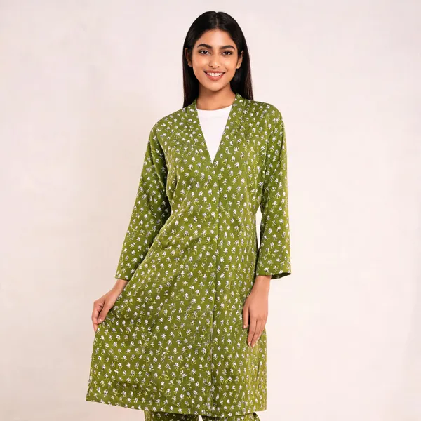 Green_Cotton_Floral_Print_Straight_Kimono_Robe_For_Women