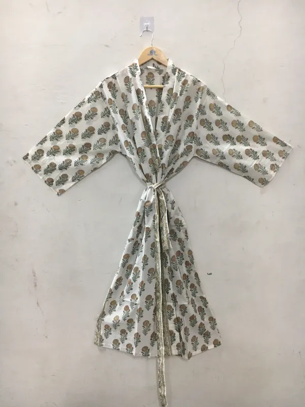 White_Cotton_Floral_Print_Tie_Waist_Kimono_Robe_For_Women
