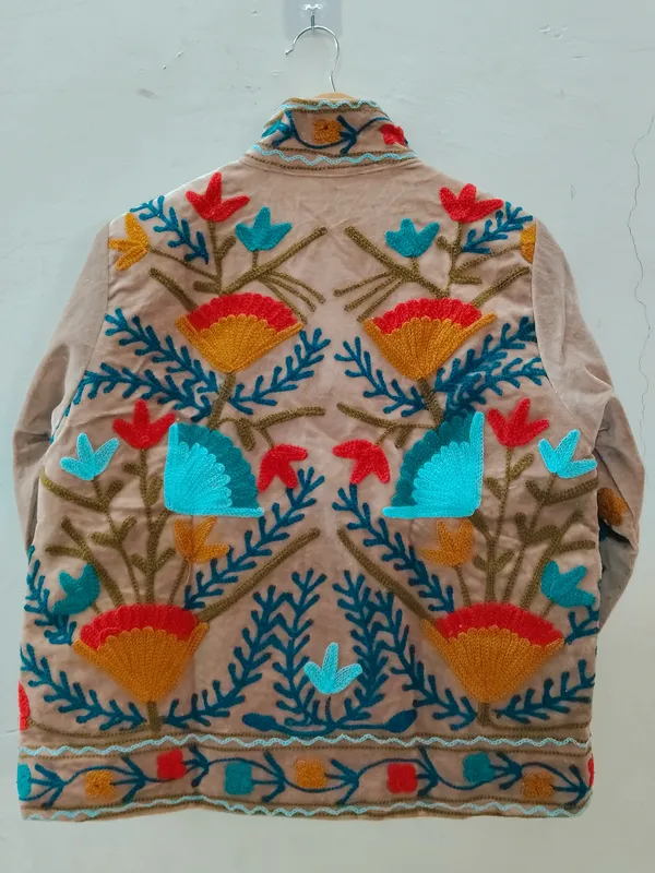 Beige_Velvet_Floral_Embroidered_Zip_Front_Jacket_For_Women