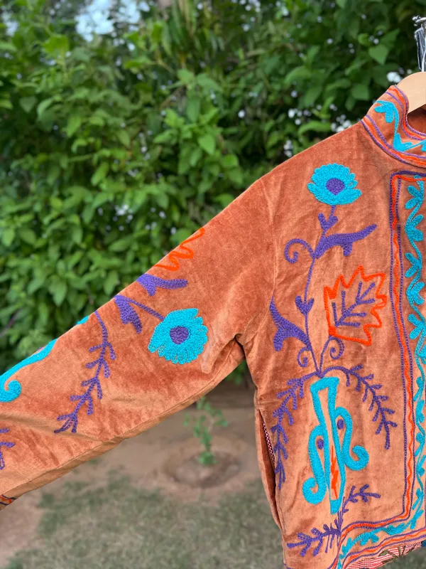 Orange_Velvet_Embroidered_Jacket_For_Women