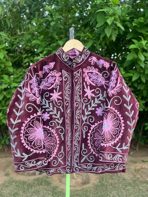 Maroon_Velvet_Embroidered_Jacket_For_Women